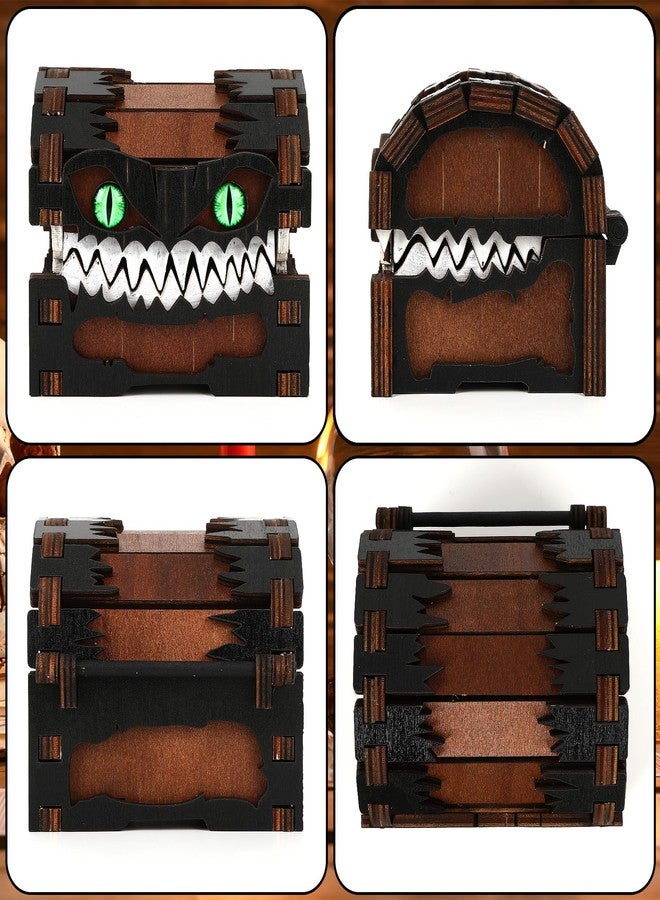 JULEASEL Mimic Dice Box - Wooden Monster Treasure Chest with Teeth & Green Eyes, Halloween Desk Decor Creepy Box, Funny Dice Storage for Tabletop RPG & Fantasy Games (Grimjaw) - Image 5